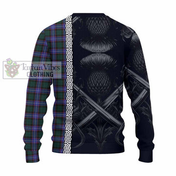 Hunter (Hunterston) Tartan Knitted Sweater with Family Crest Cross Sword Thistle Celtic Vibes