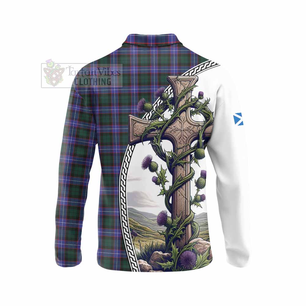 Tartan Vibes Clothing Hunter (Hunterston) Tartan Long Sleeve Polo Shirt with Family Crest and St. Andrew's Cross Accented by Thistle Vines