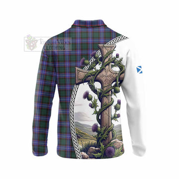 Hunter (Hunterston) Tartan Long Sleeve Polo Shirt with Family Crest and St. Andrew's Cross Accented by Thistle Vines