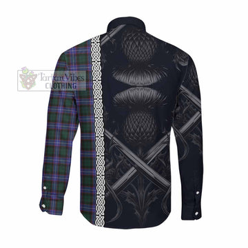 Hunter (Hunterston) Tartan Long Sleeve Button Shirt with Family Crest Cross Sword Thistle Celtic Vibes