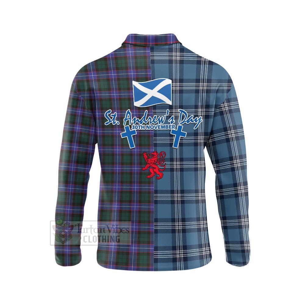 Tartan Vibes Clothing Hunter (Hunterston) Tartan Long Sleeve Polo Shirt Happy St. Andrew's Day Half Tartan Style