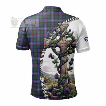 Hunter (Hunterston) Tartan Polo Shirt with Family Crest and St. Andrew's Cross Accented by Thistle Vines