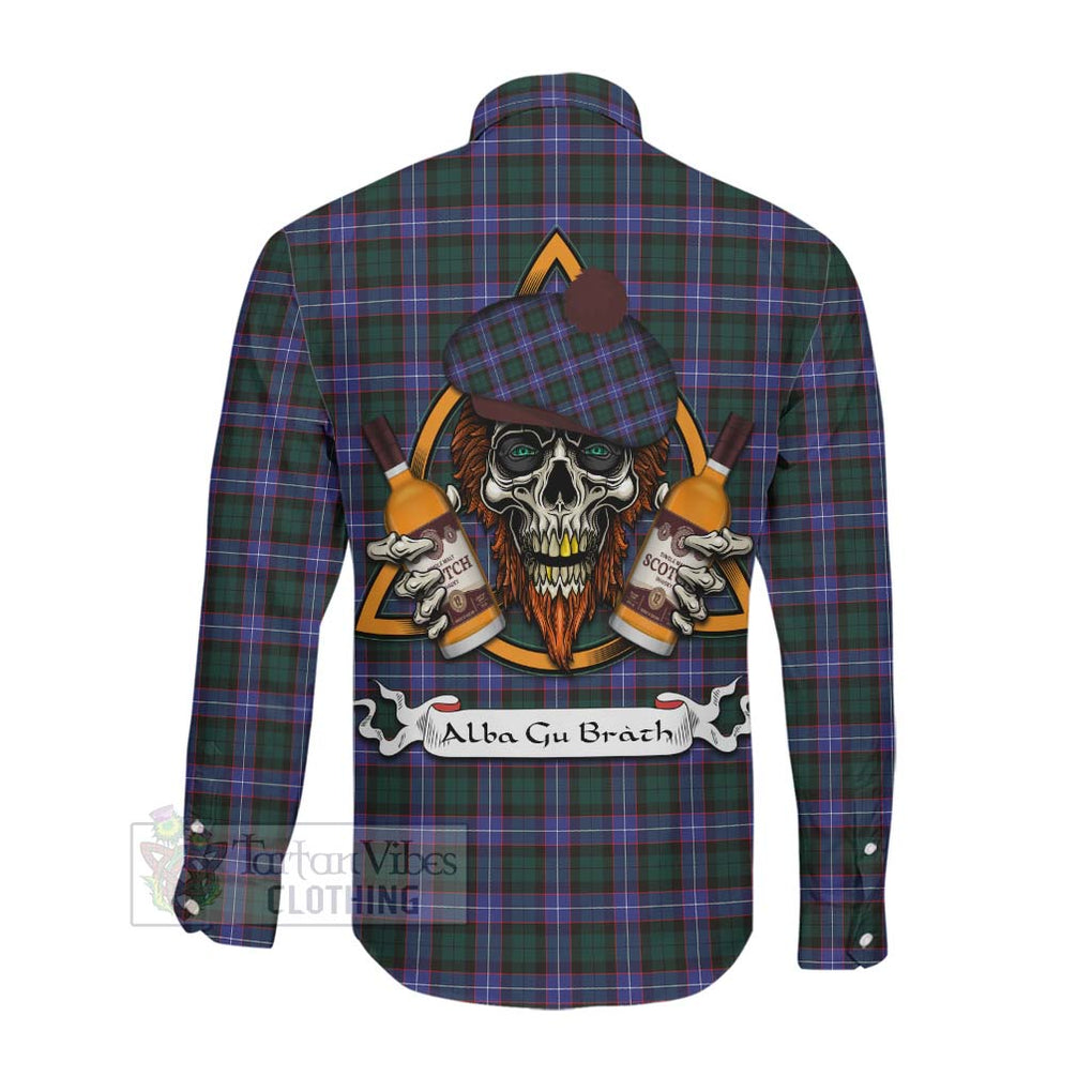 Tartan Vibes Clothing Hunter (Hunterston) Tartan Long Sleeve Button Shirt with Family Crest and Bearded Skull Holding Bottles of Whiskey