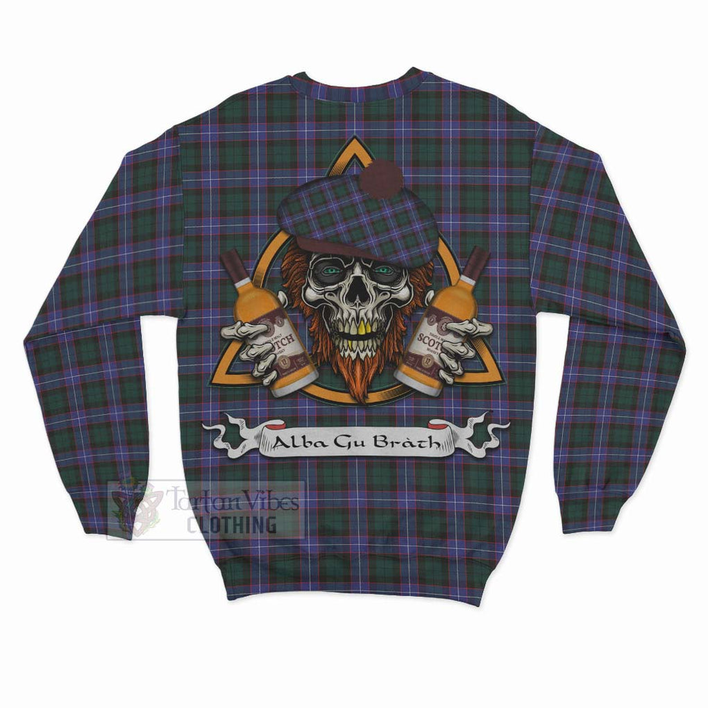 Tartan Vibes Clothing Hunter (Hunterston) Tartan Sweatshirt with Family Crest and Bearded Skull Holding Bottles of Whiskey