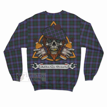 Hunter (Hunterston) Tartan Sweatshirt with Family Crest and Bearded Skull Holding Bottles of Whiskey