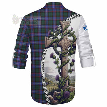 Hunter (Hunterston) Tartan Ghillie Kilt Shirt with Family Crest and St. Andrew's Cross Accented by Thistle Vines