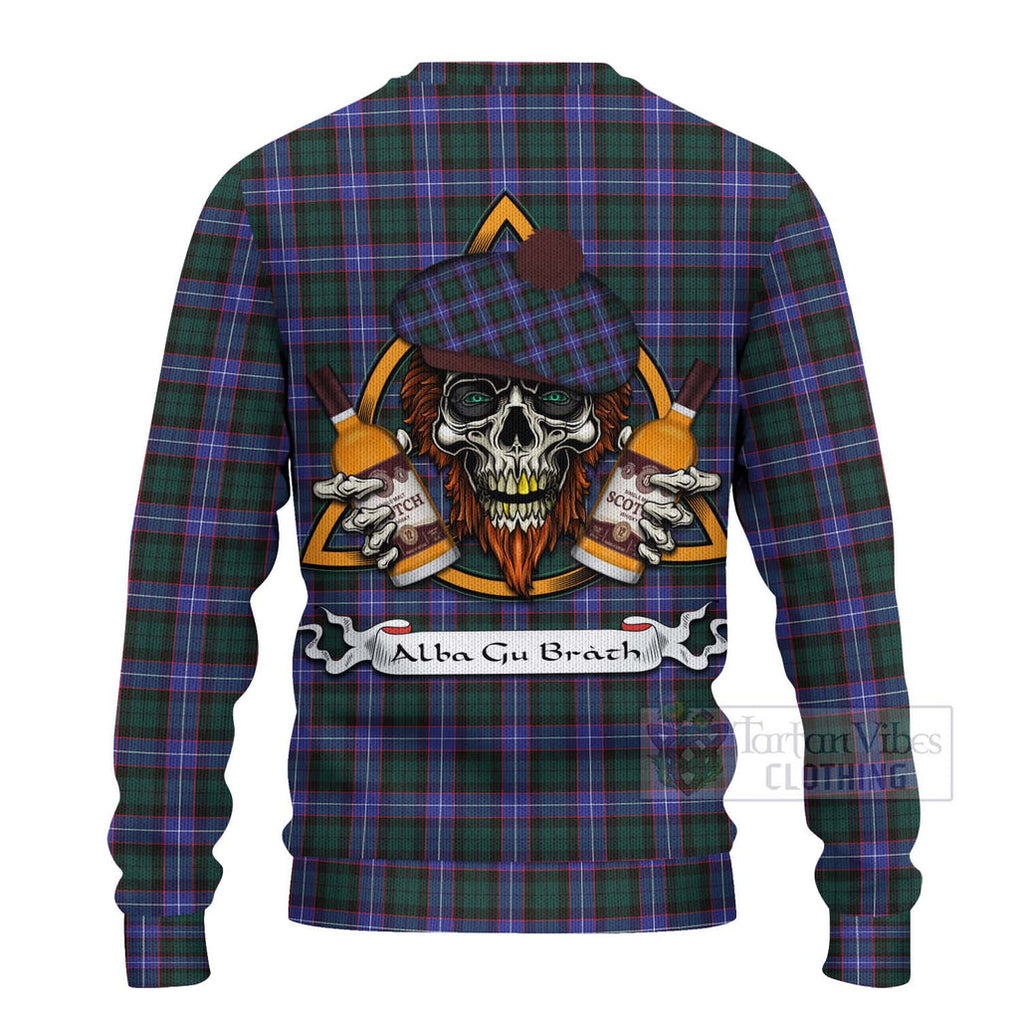 Tartan Vibes Clothing Hunter (Hunterston) Tartan Knitted Sweater with Family Crest and Bearded Skull Holding Bottles of Whiskey