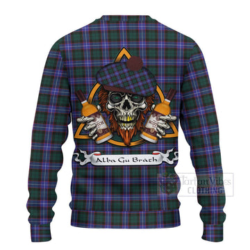 Hunter (Hunterston) Tartan Ugly Sweater with Family Crest and Bearded Skull Holding Bottles of Whiskey