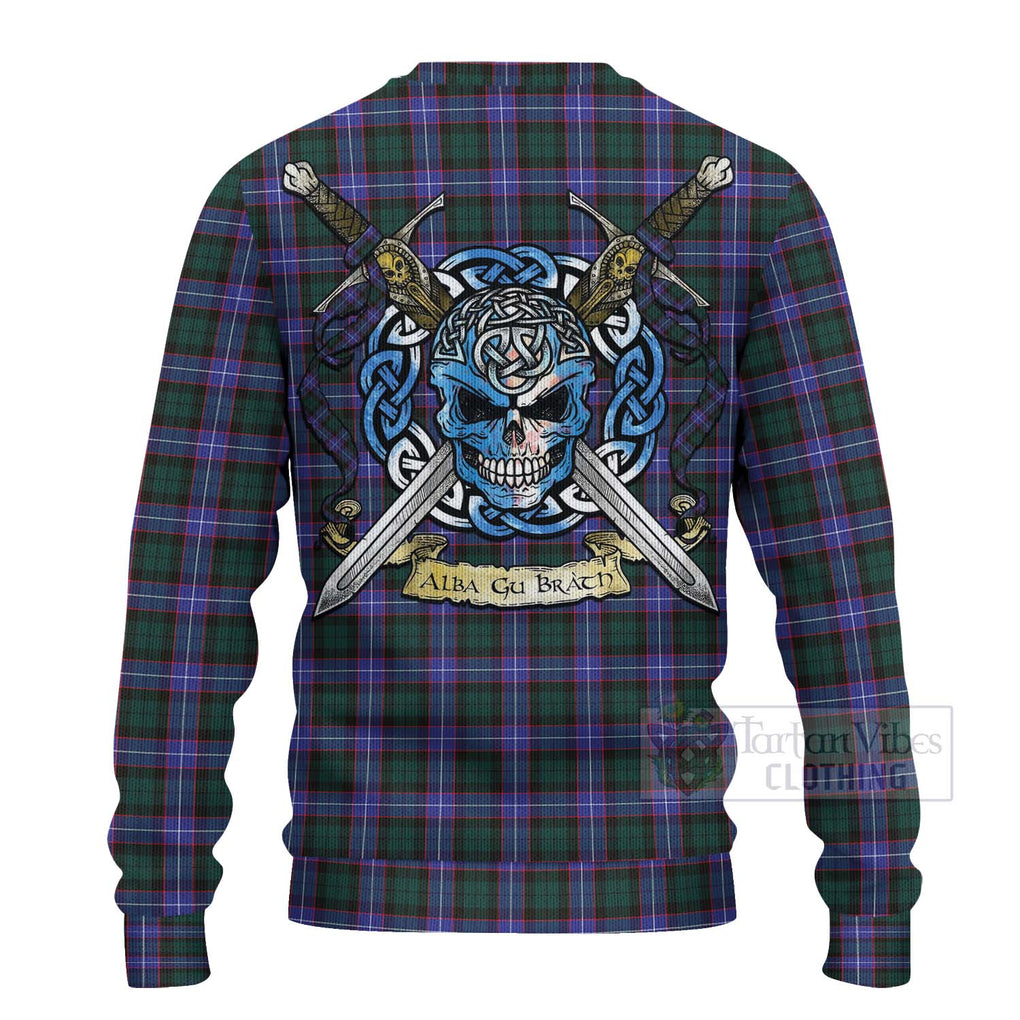 Tartan Vibes Clothing Hunter (Hunterston) Tartan Knitted Sweater with Family Crest Celtic Skull Style