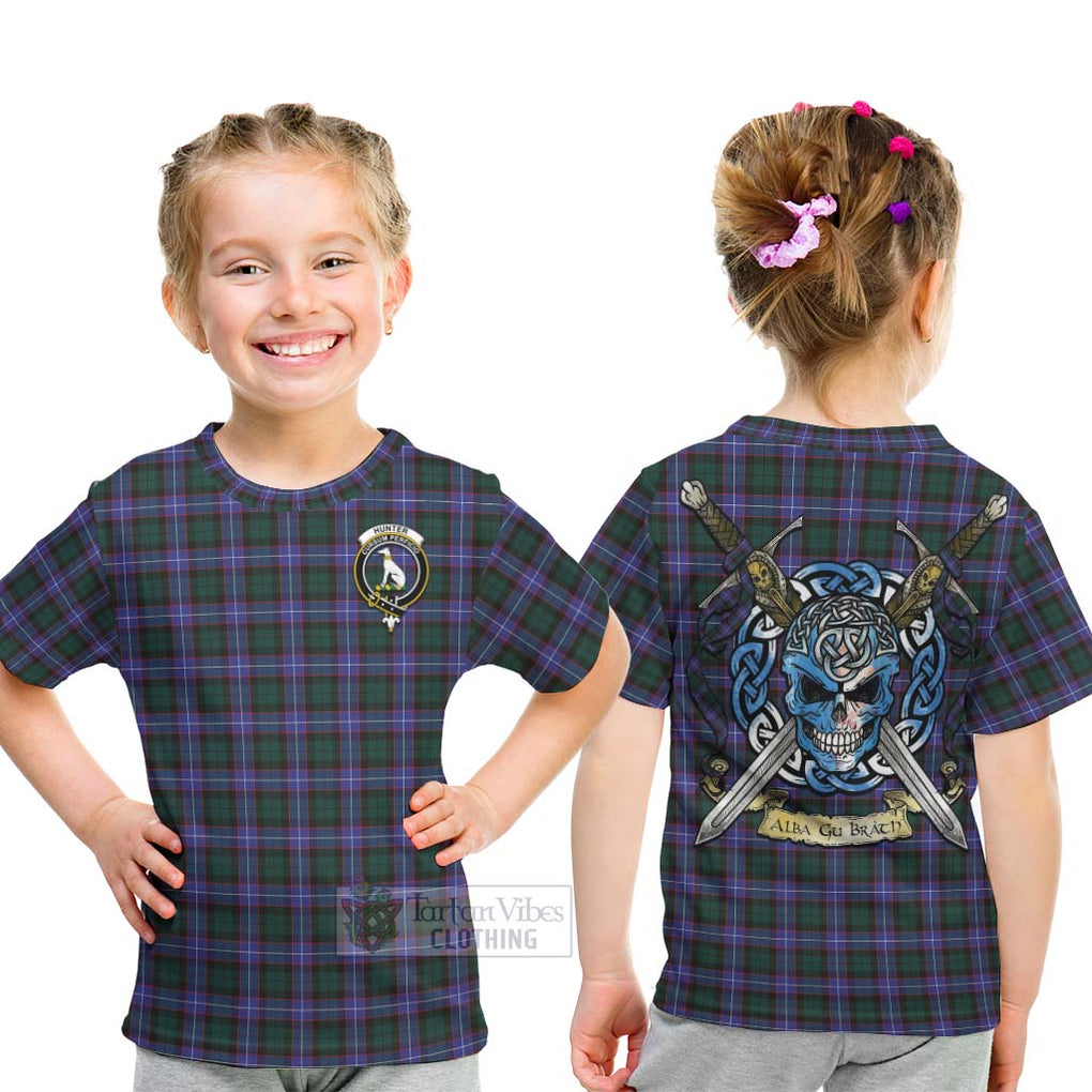 Tartan Vibes Clothing Hunter (Hunterston) Tartan Kid T-Shirt with Family Crest Celtic Skull Style