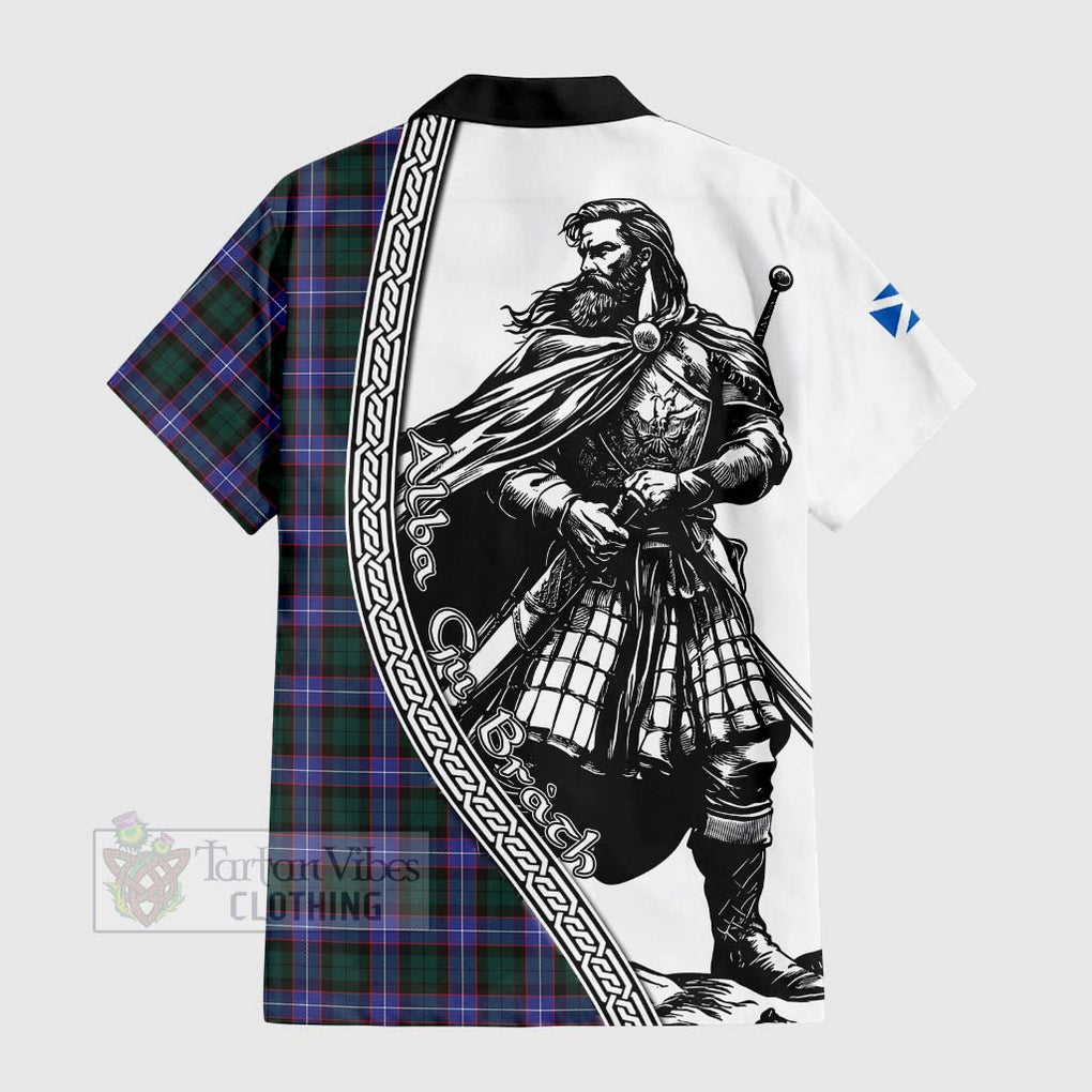 Tartan Vibes Clothing Hunter (Hunterston) Tartan Clan Crest Short Sleeve Button Shirt with Highlander Warrior Celtic Style