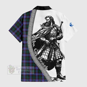 Hunter (Hunterston) Tartan Clan Crest Short Sleeve Button Shirt with Highlander Warrior Celtic Style