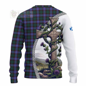 Hunter (Hunterston) Tartan Knitted Sweater with Family Crest and St. Andrew's Cross Accented by Thistle Vines