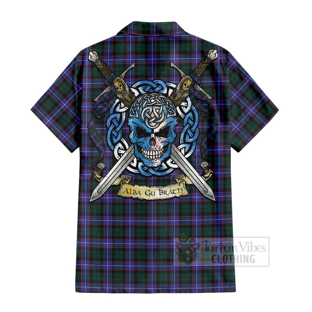 Tartan Vibes Clothing Hunter (Hunterston) Tartan Short Sleeve Button Shirt with Family Crest Celtic Skull Style