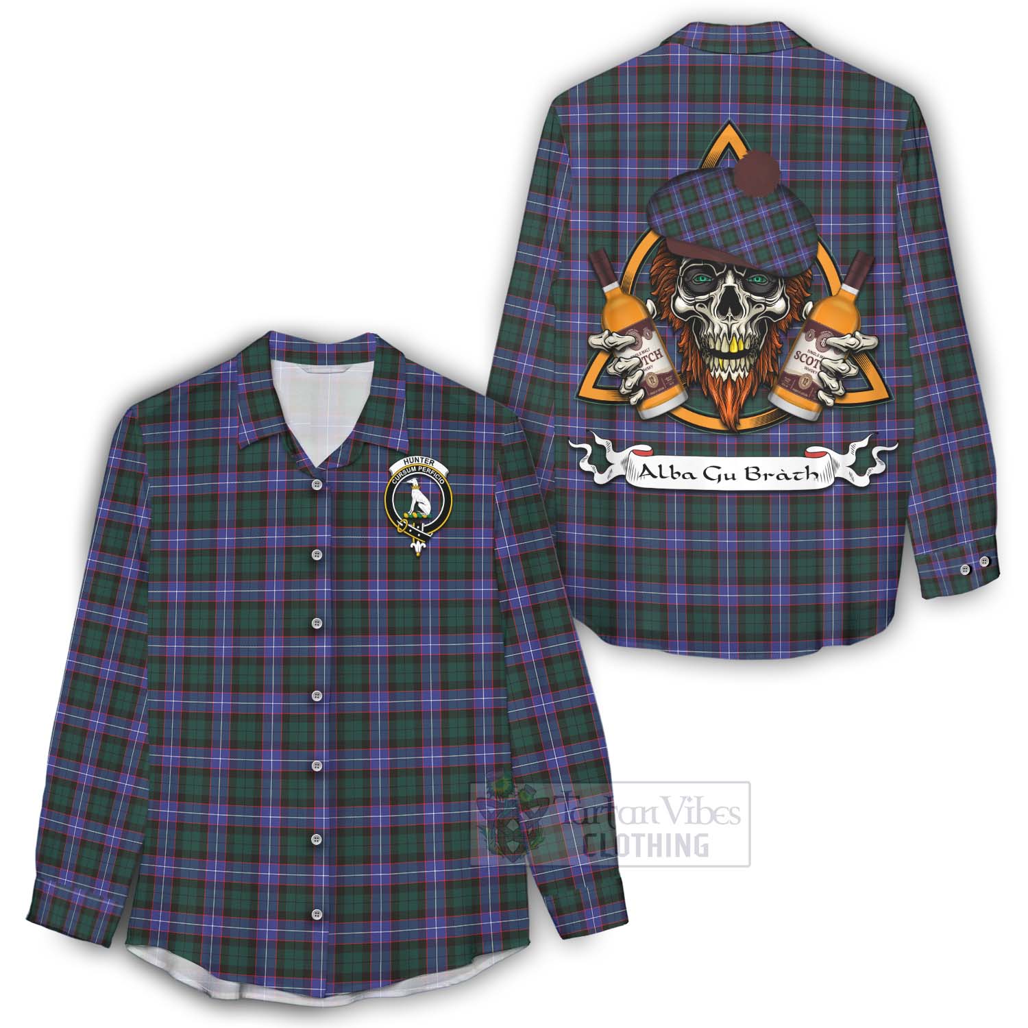 Tartan Vibes Clothing Hunter (Hunterston) Tartan Women's Casual Shirt with Family Crest and Bearded Skull Holding Bottles of Whiskey