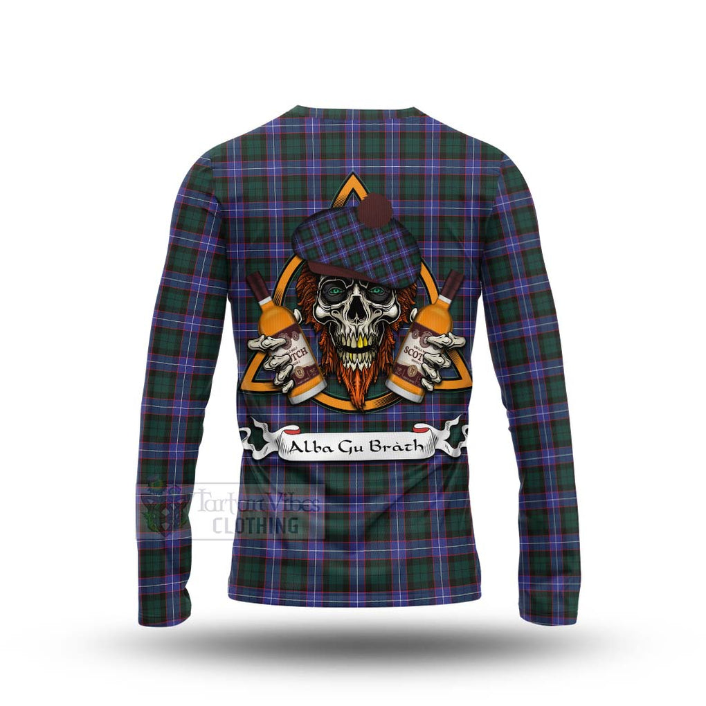 Tartan Vibes Clothing Hunter (Hunterston) Tartan Long Sleeve T-Shirt with Family Crest and Bearded Skull Holding Bottles of Whiskey