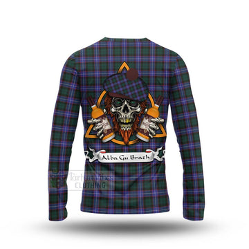 Hunter (Hunterston) Tartan Long Sleeve T-Shirt with Family Crest and Bearded Skull Holding Bottles of Whiskey