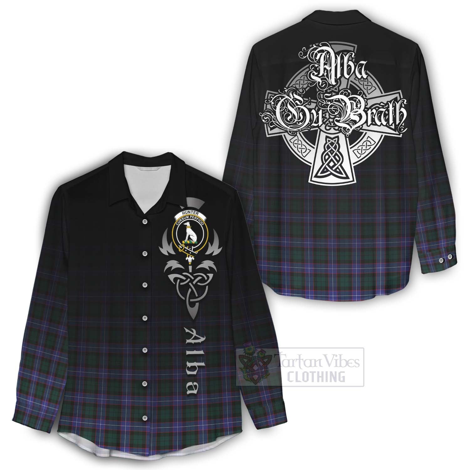 Tartan Vibes Clothing Hunter (Hunterston) Tartan Women's Casual Shirt Featuring Alba Gu Brath Family Crest Celtic Inspired