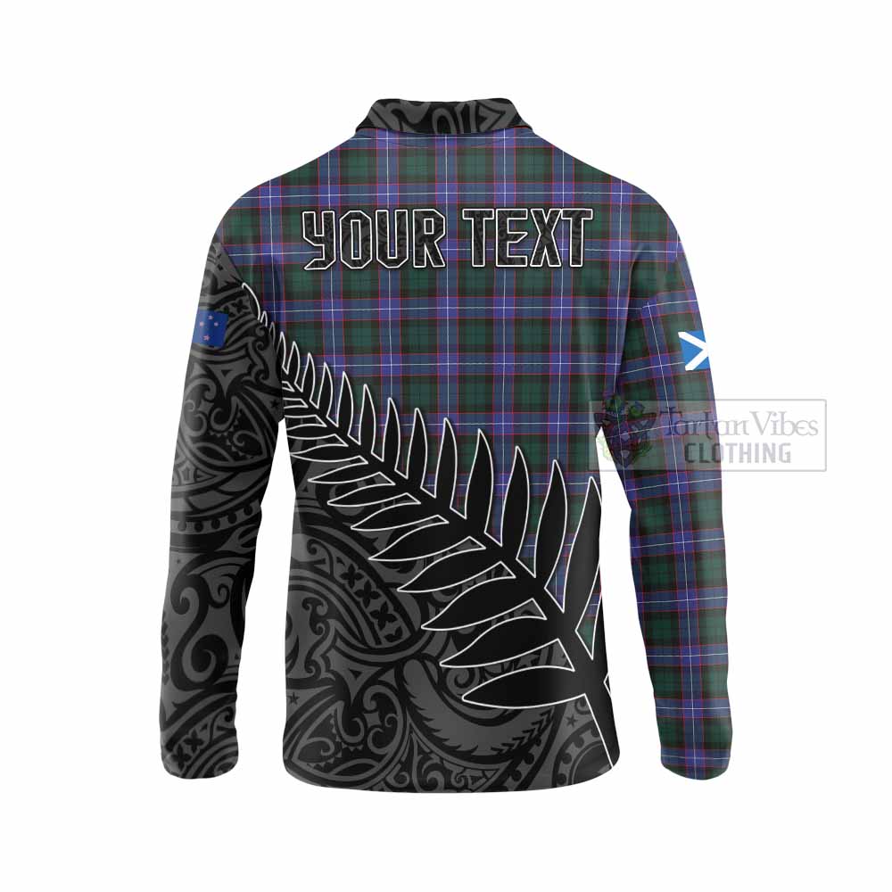 Tartan Vibes Clothing Hunter (Hunterston) Crest Tartan Long Sleeve Polo Shirt with New Zealand Silver Fern Half Style