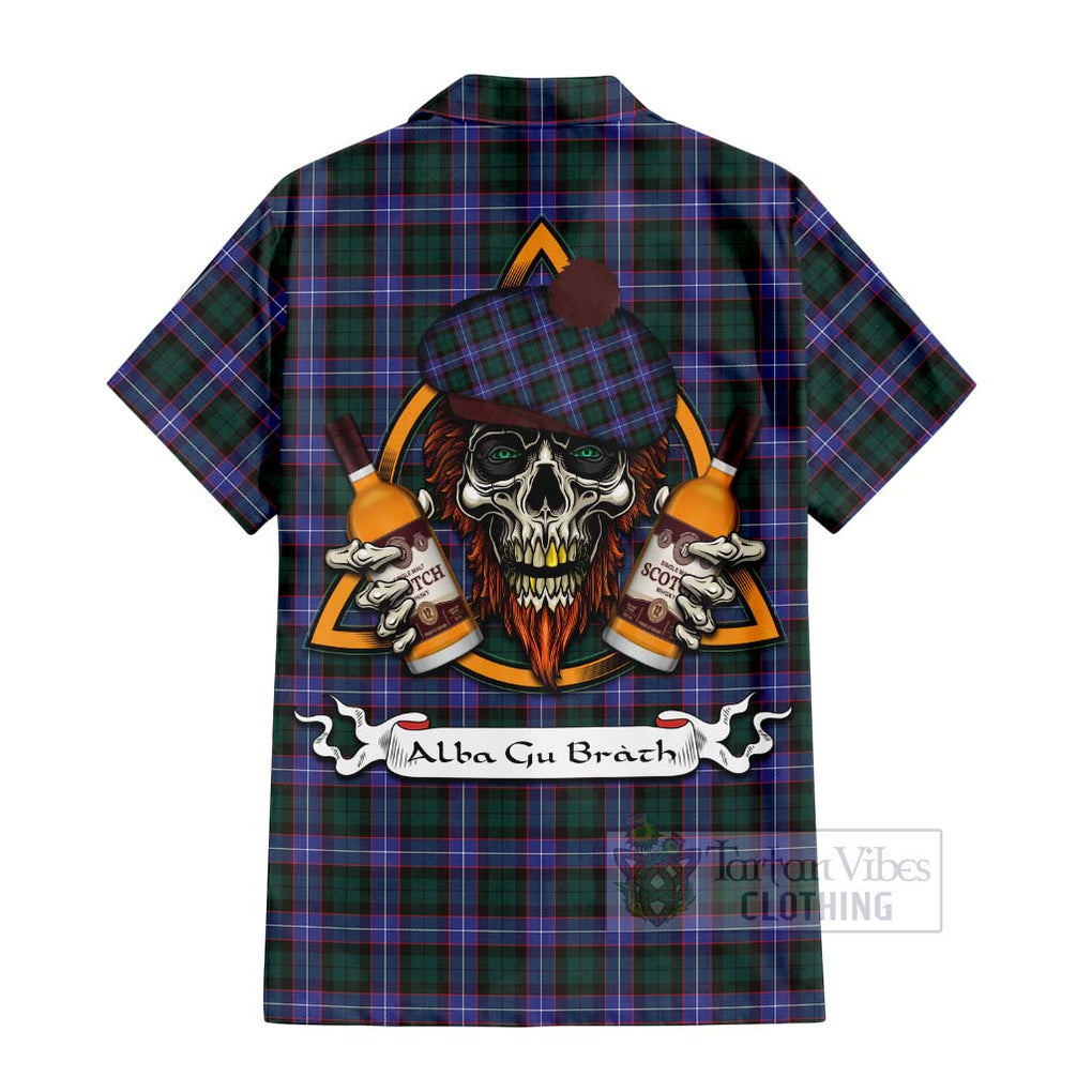 Tartan Vibes Clothing Hunter (Hunterston) Tartan Short Sleeve Button Shirt with Family Crest and Bearded Skull Holding Bottles of Whiskey