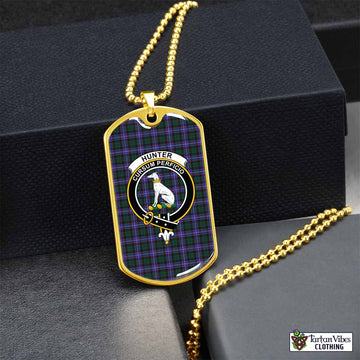 Hunter (Hunterston) Tartan Dog Tag Necklace with Family Crest