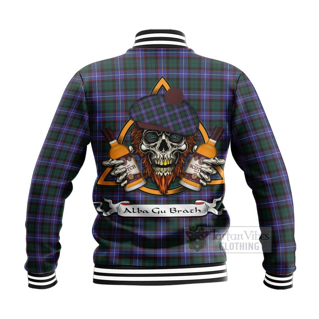 Tartan Vibes Clothing Hunter (Hunterston) Tartan Baseball Jacket with Family Crest and Bearded Skull Holding Bottles of Whiskey