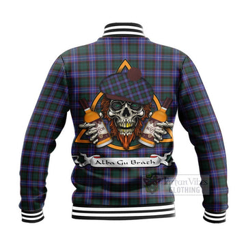 Hunter (Hunterston) Tartan Baseball Jacket with Family Crest and Bearded Skull Holding Bottles of Whiskey