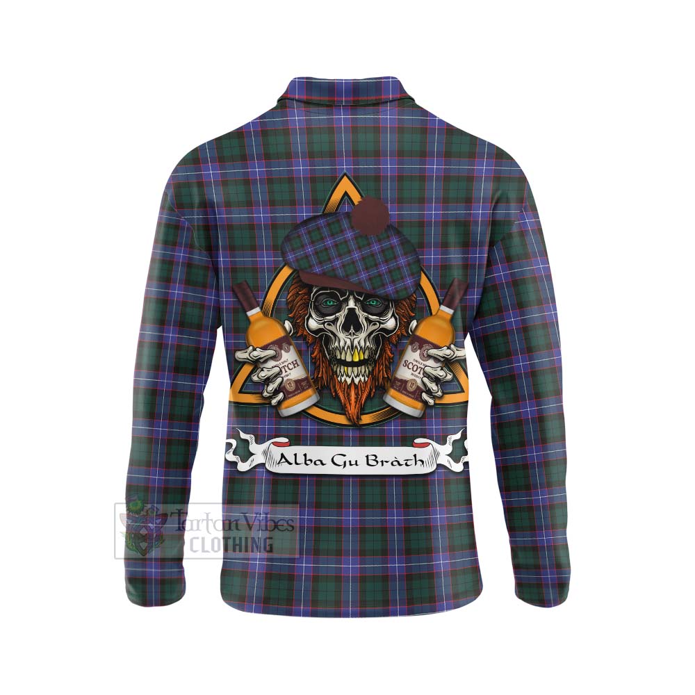 Tartan Vibes Clothing Hunter (Hunterston) Tartan Long Sleeve Polo Shirt with Family Crest and Bearded Skull Holding Bottles of Whiskey