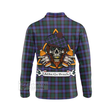 Hunter (Hunterston) Tartan Long Sleeve Polo Shirt with Family Crest and Bearded Skull Holding Bottles of Whiskey