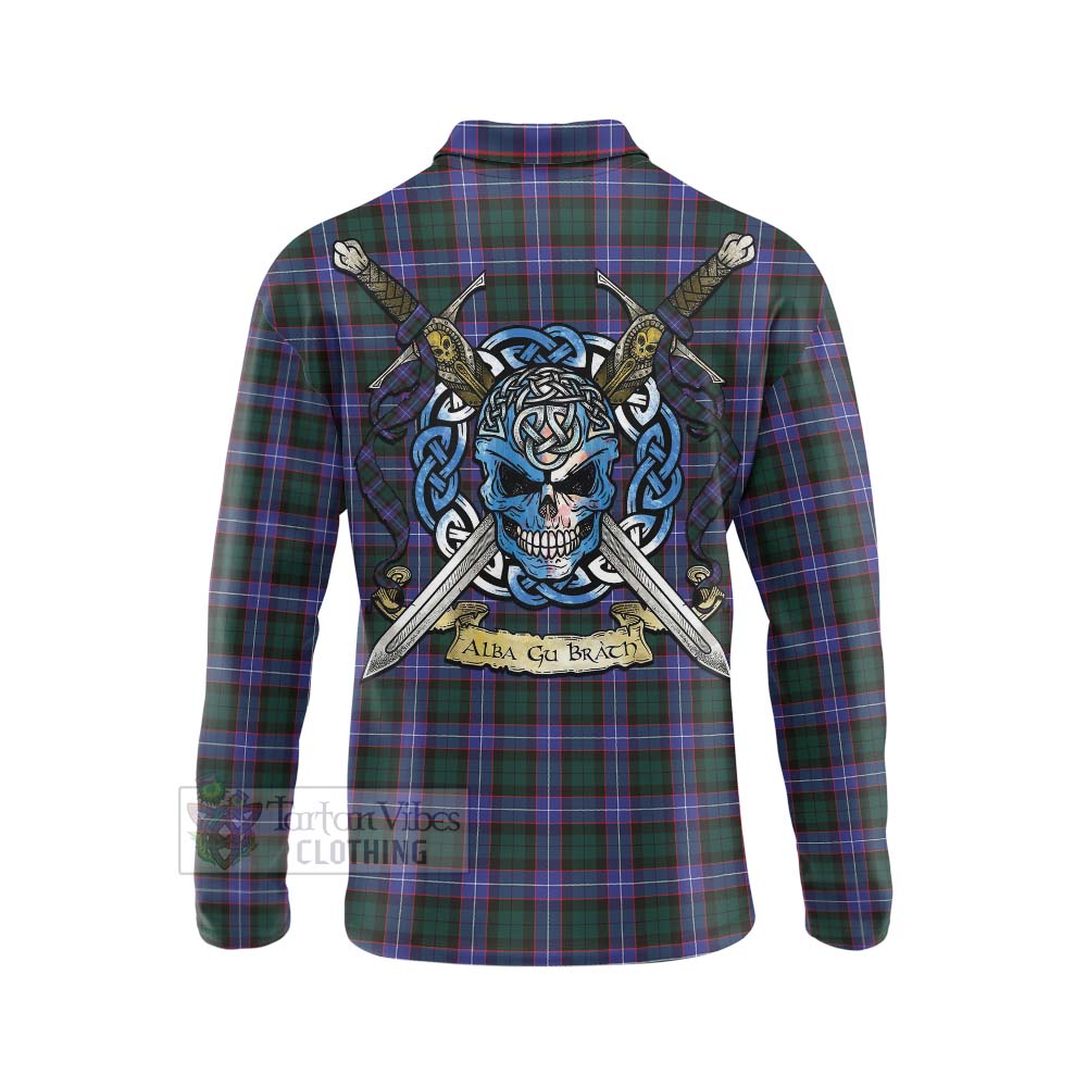 Tartan Vibes Clothing Hunter (Hunterston) Tartan Long Sleeve Polo Shirt with Family Crest Celtic Skull Style