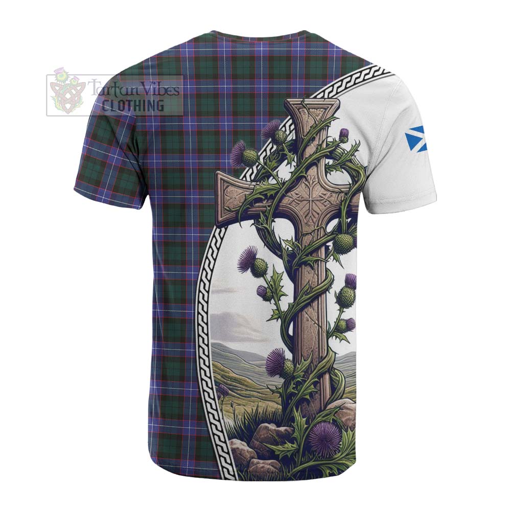 Tartan Vibes Clothing Hunter (Hunterston) Tartan Cotton T-shirt with Family Crest and St. Andrew's Cross Accented by Thistle Vines