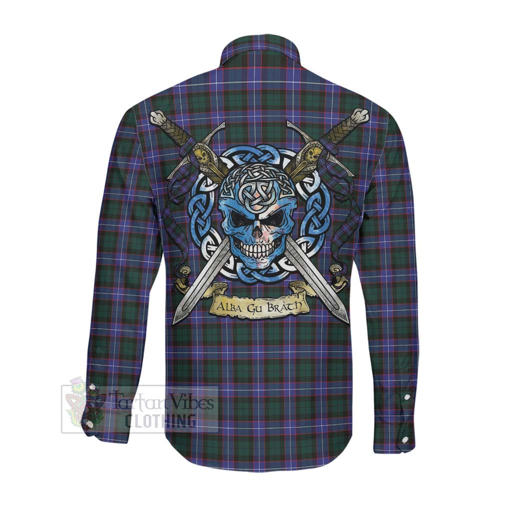 Tartan Vibes Clothing Hunter (Hunterston) Tartan Long Sleeve Button Shirt with Family Crest Celtic Skull Style