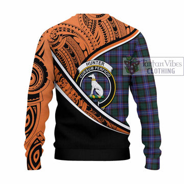 Hunter (Hunterston) Crest Tartan Knitted Sweater with Polynesian Vibes Style - Orange Version