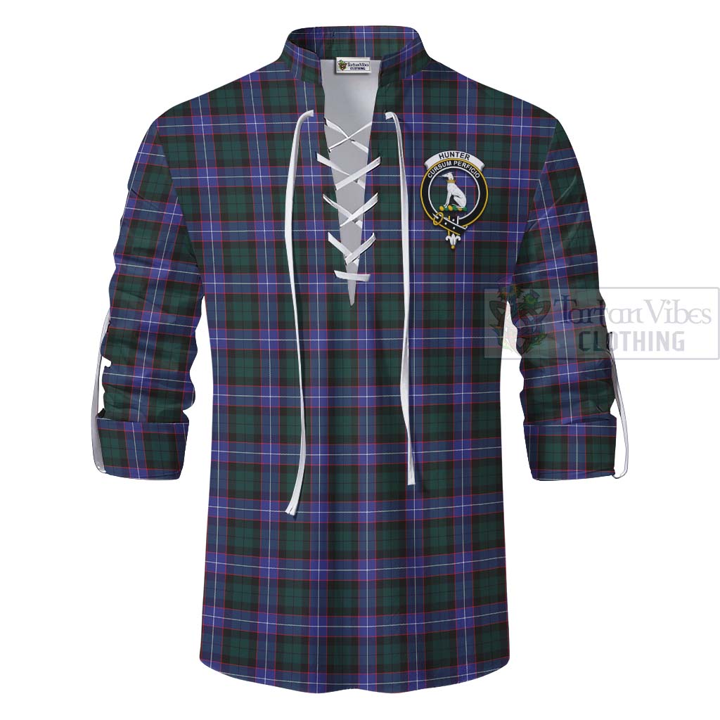 Tartan Vibes Clothing Hunter (Hunterston) Tartan Ghillie Kilt Shirt with Family Crest and Bearded Skull Holding Bottles of Whiskey