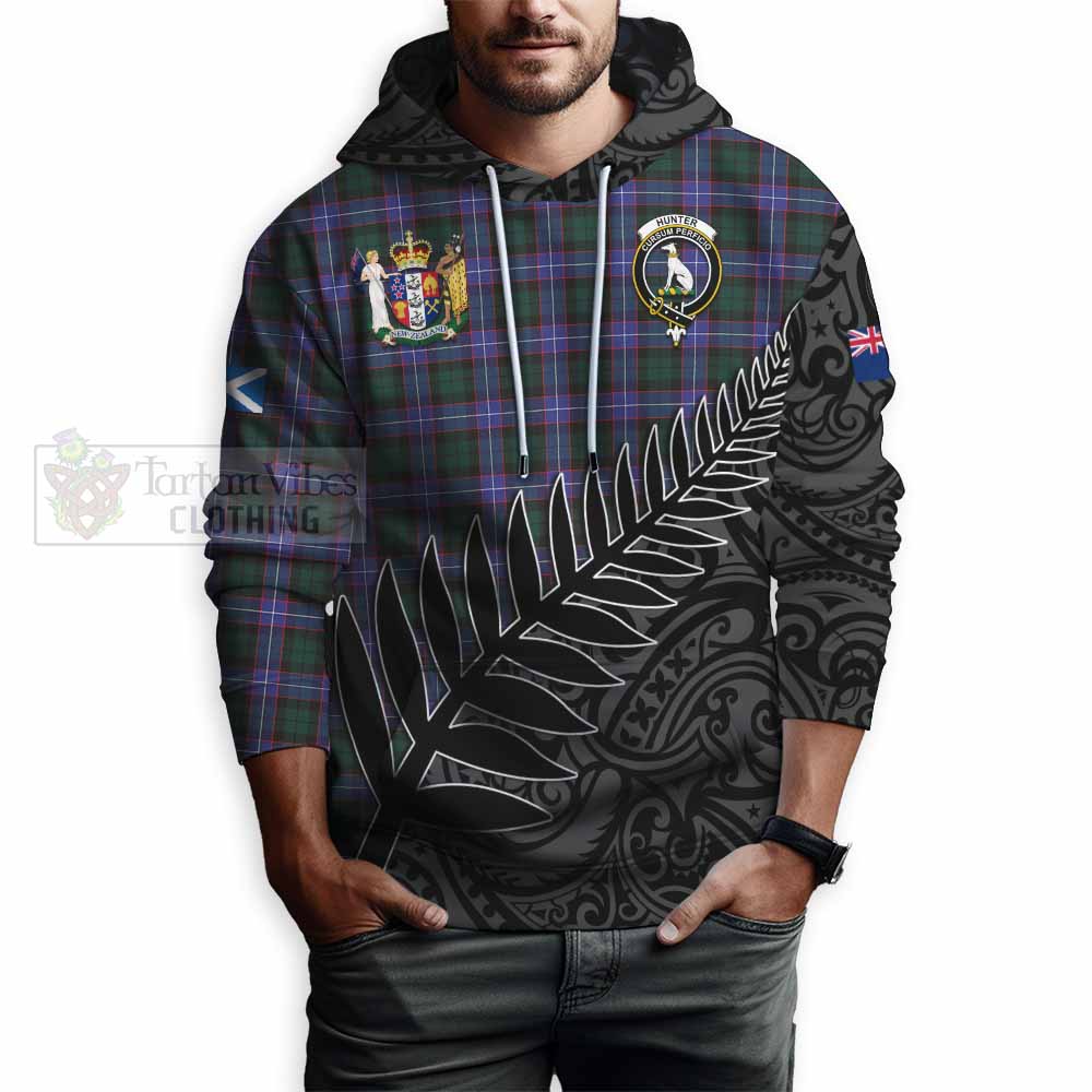 Tartan Vibes Clothing Hunter (Hunterston) Crest Tartan Hoodie with New Zealand Silver Fern Half Style