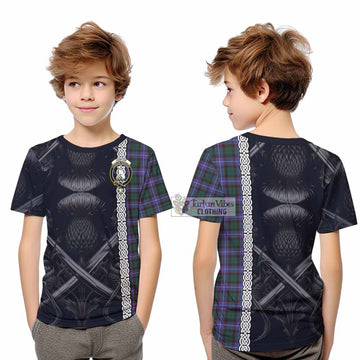 Hunter (Hunterston) Tartan Kid T-Shirt with Family Crest Cross Sword Thistle Celtic Vibes