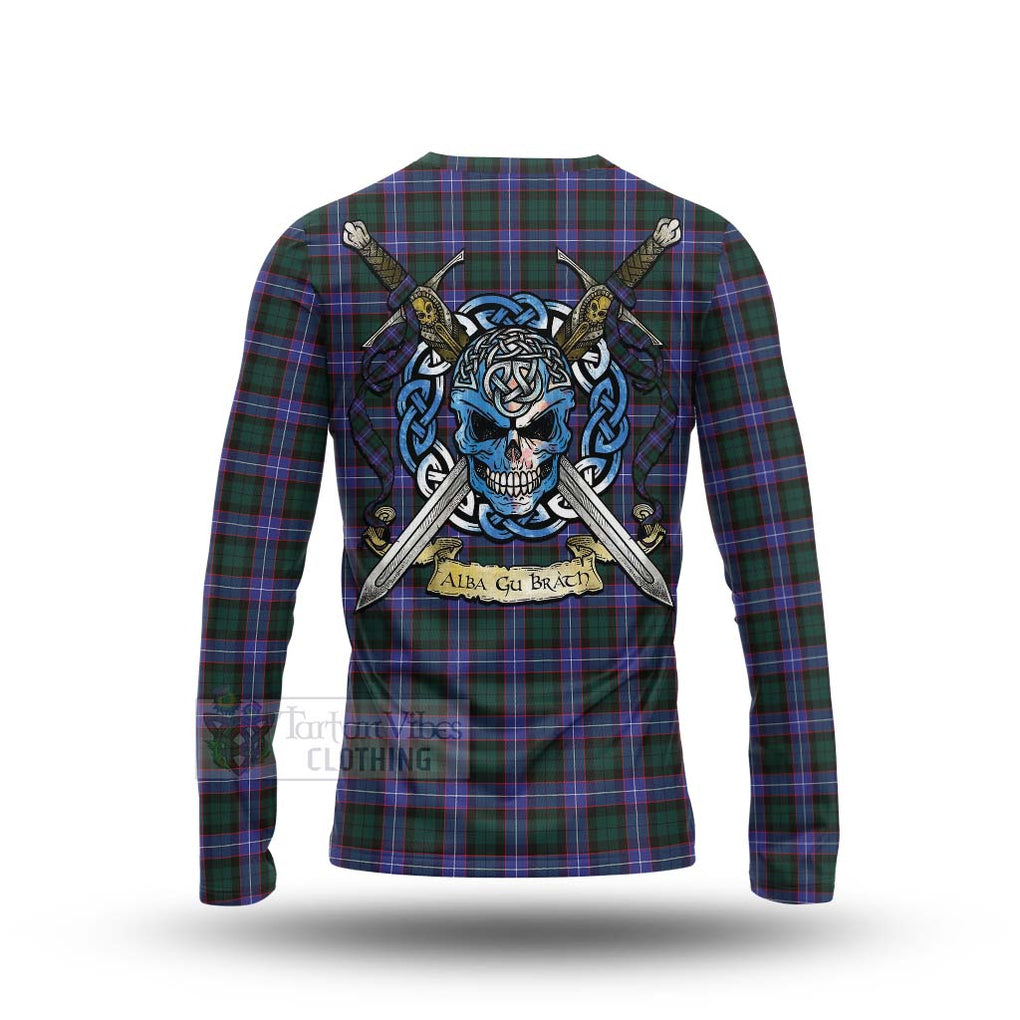 Tartan Vibes Clothing Hunter (Hunterston) Tartan Long Sleeve T-Shirt with Family Crest Celtic Skull Style