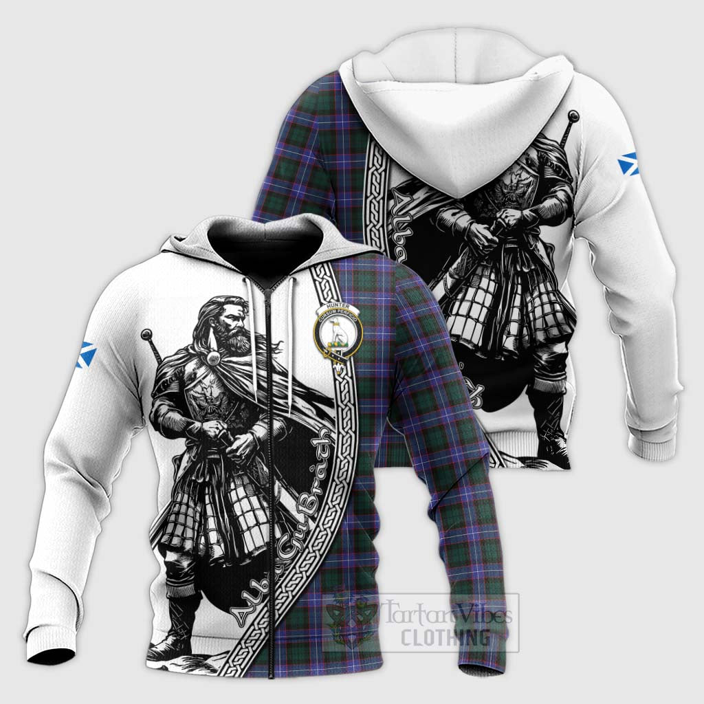 Tartan Vibes Clothing Hunter (Hunterston) Tartan Clan Crest Knitted Hoodie with Highlander Warrior Celtic Style