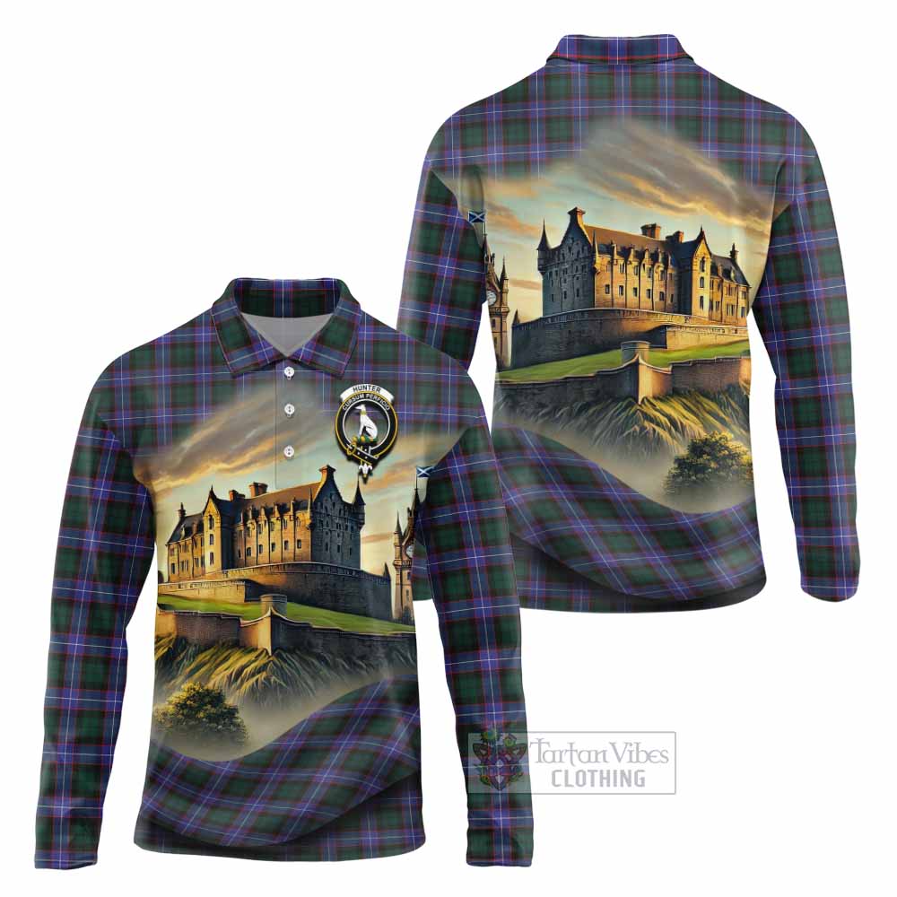 Hunter (Hunterston) Tartan Family Crest Long Sleeve Polo Shirt with Scottish Ancient Castle Style - Tartan Vibes Clothing