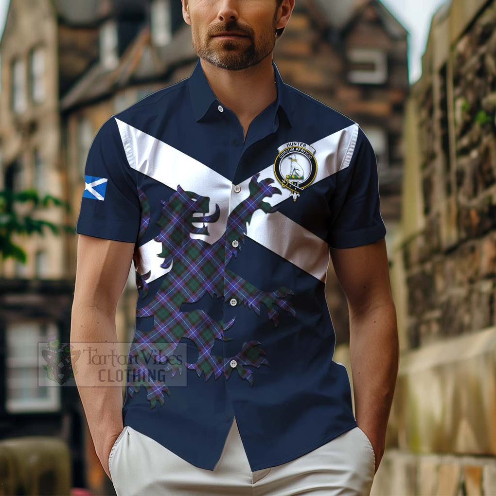 Tartan Vibes Clothing Hunter (Hunterston) Tartan Lion Rampant Short Sleeve Button Shirt – Proudly Display Your Heritage with Alba Gu Brath and Clan Name