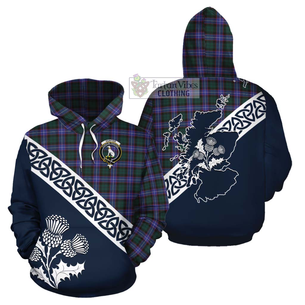 Tartan Vibes Clothing Hunter (Hunterston) Tartan Cotton Hoodie Featuring Thistle and Scotland Map