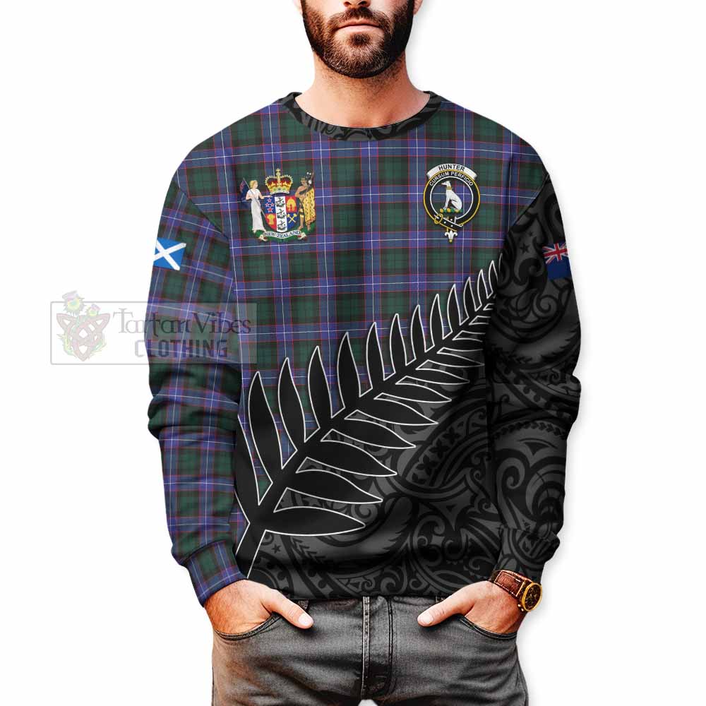 Tartan Vibes Clothing Hunter (Hunterston) Crest Tartan Sweatshirt with New Zealand Silver Fern Half Style