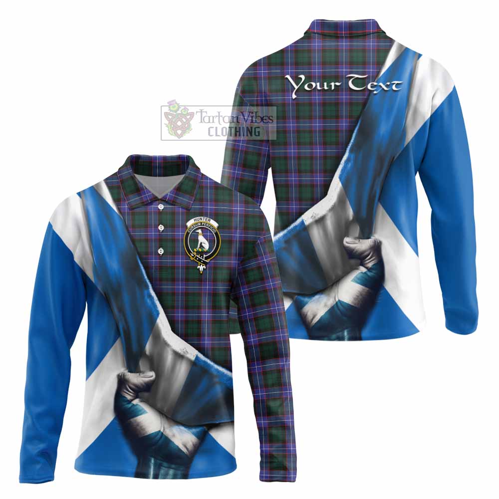 Tartan Vibes Clothing Hunter (Hunterston) Tartan Long Sleeve Polo Shirt with Family Crest Scotland Patriotic Style