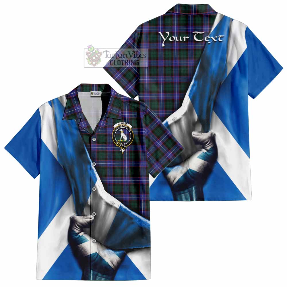 Tartan Vibes Clothing Hunter (Hunterston) Tartan Short Sleeve Button Shirt with Family Crest Scotland Patriotic Style