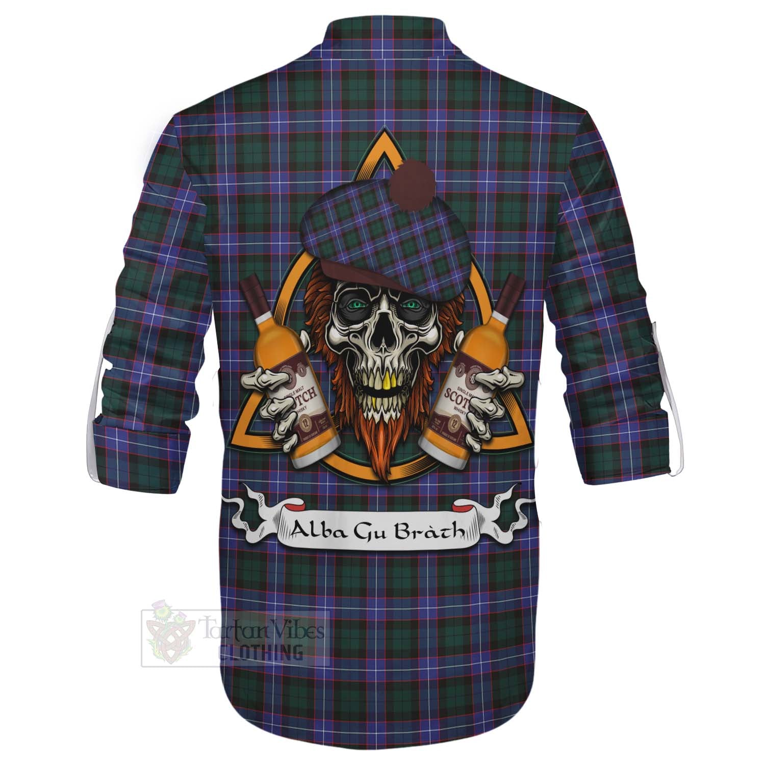 Tartan Vibes Clothing Hunter (Hunterston) Tartan Ghillie Kilt Shirt with Family Crest and Bearded Skull Holding Bottles of Whiskey