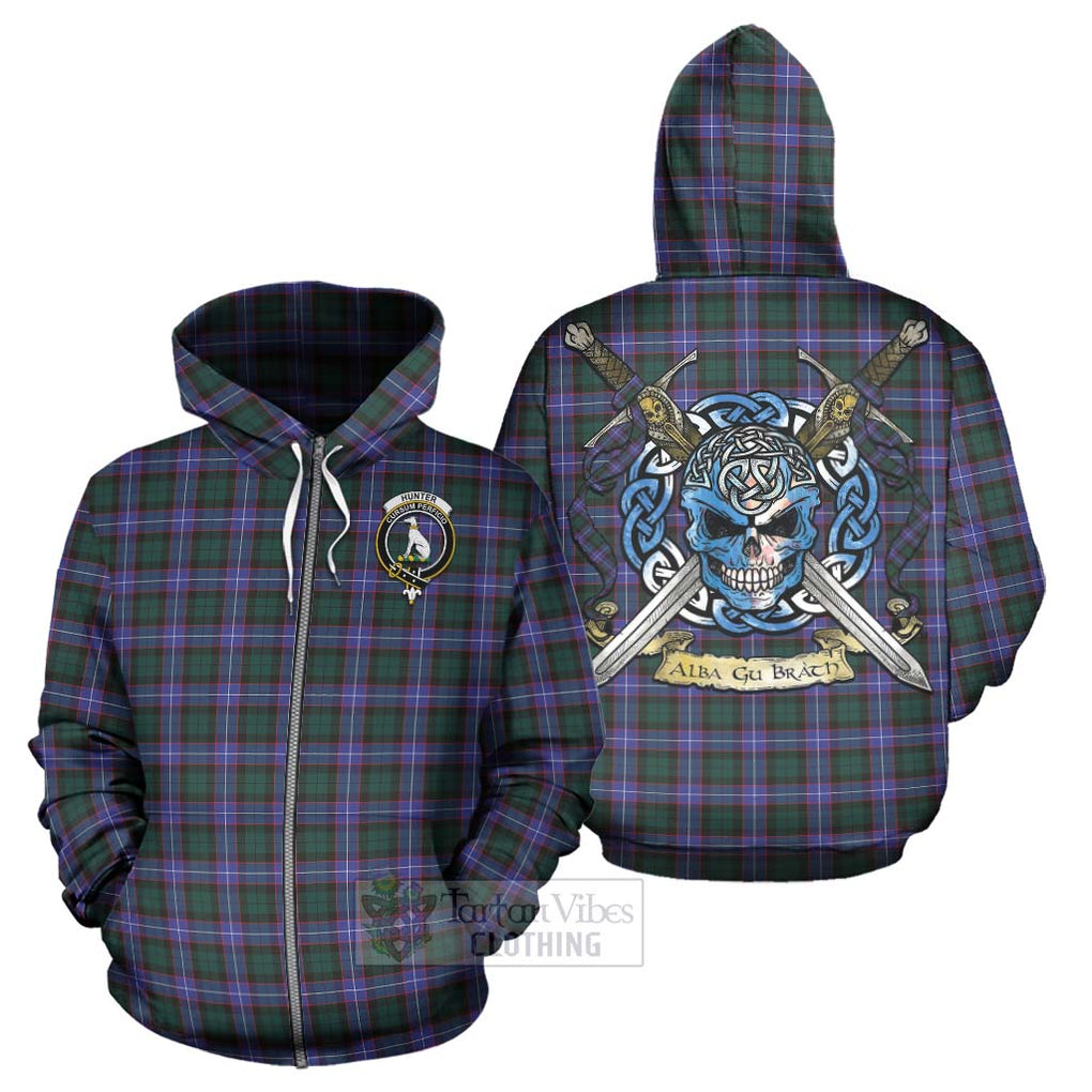 Tartan Vibes Clothing Hunter (Hunterston) Tartan Hoodie with Family Crest Celtic Skull Style