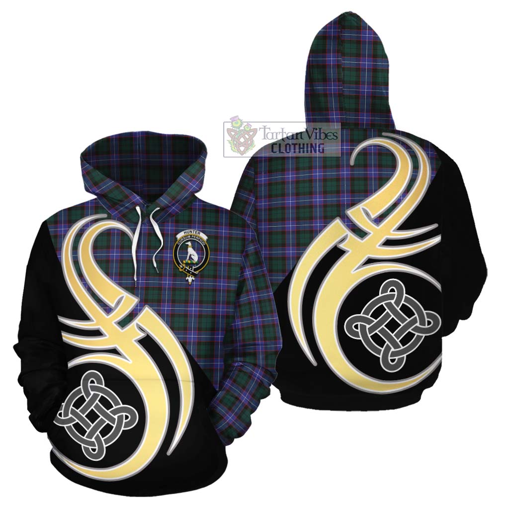 Tartan Vibes Clothing Hunter (Hunterston) Tartan Cotton Hoodie with Family Crest and Celtic Symbol Style