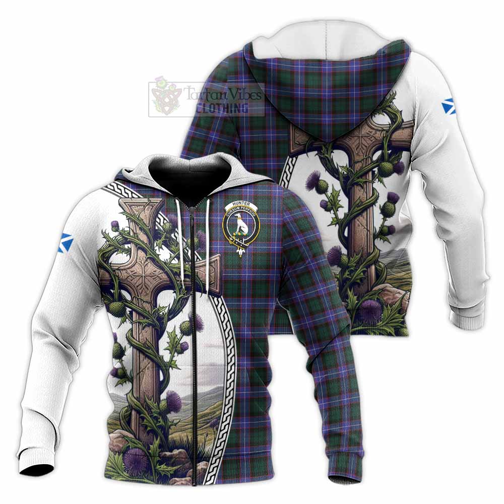 Tartan Vibes Clothing Hunter (Hunterston) Tartan Knitted Hoodie with Family Crest and St. Andrew's Cross Accented by Thistle Vines