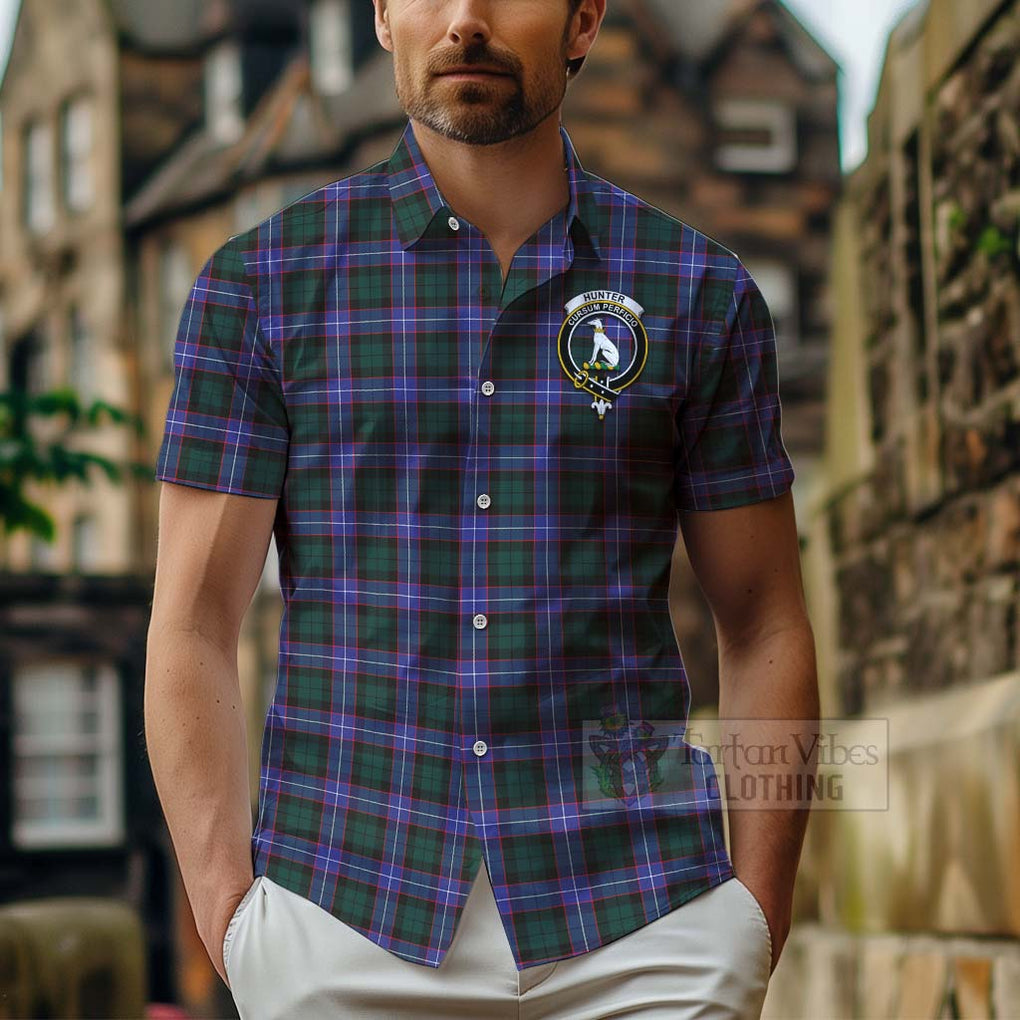 Tartan Vibes Clothing Hunter (Hunterston) Tartan Short Sleeve Button Shirt with Family Crest and Bearded Skull Holding Bottles of Whiskey