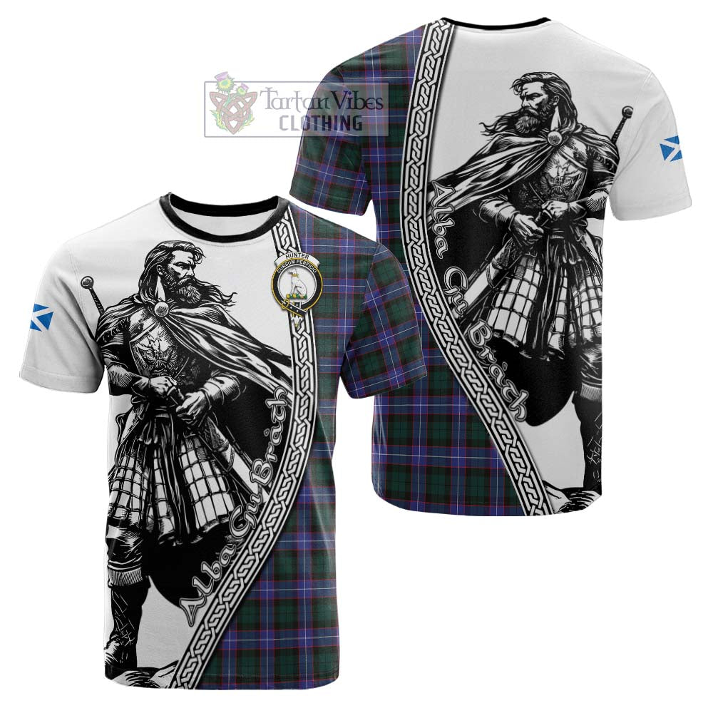 Hunter (Hunterston) Tartan Clan Crest Cotton T-shirt with Highlander Warrior Celtic Style